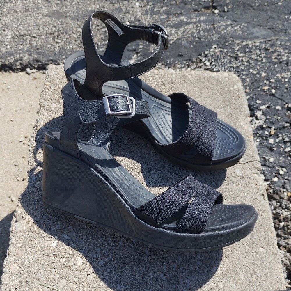 Crocs Wedge Women's Sz 8 Sandals Black Leigh Ankle Strap EC Shoes